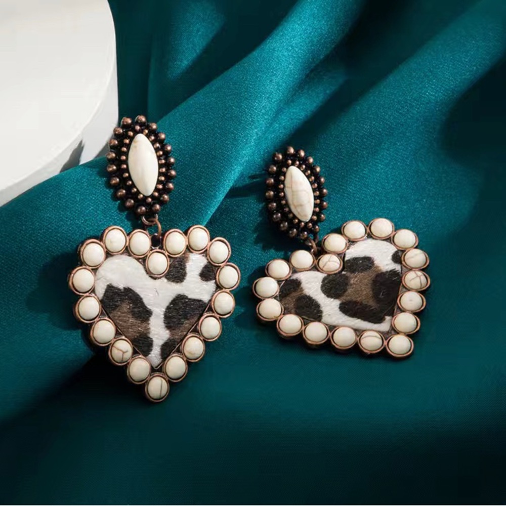 COPY - Cow Print Heart Earrings